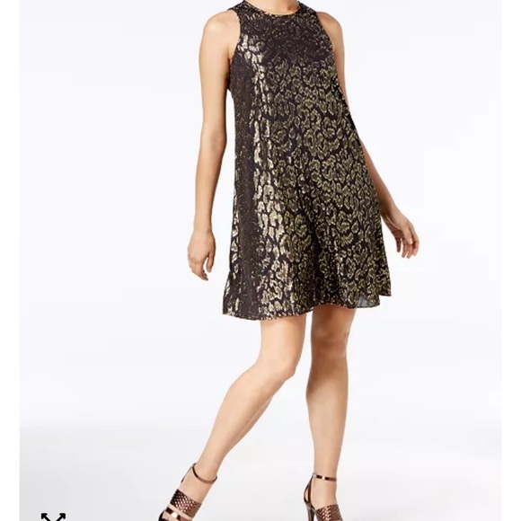 Calvin Klein Metallic Animal Print Chiffon Dress Black/Gold Holiday Evening Glam - Picture 1 of 15
